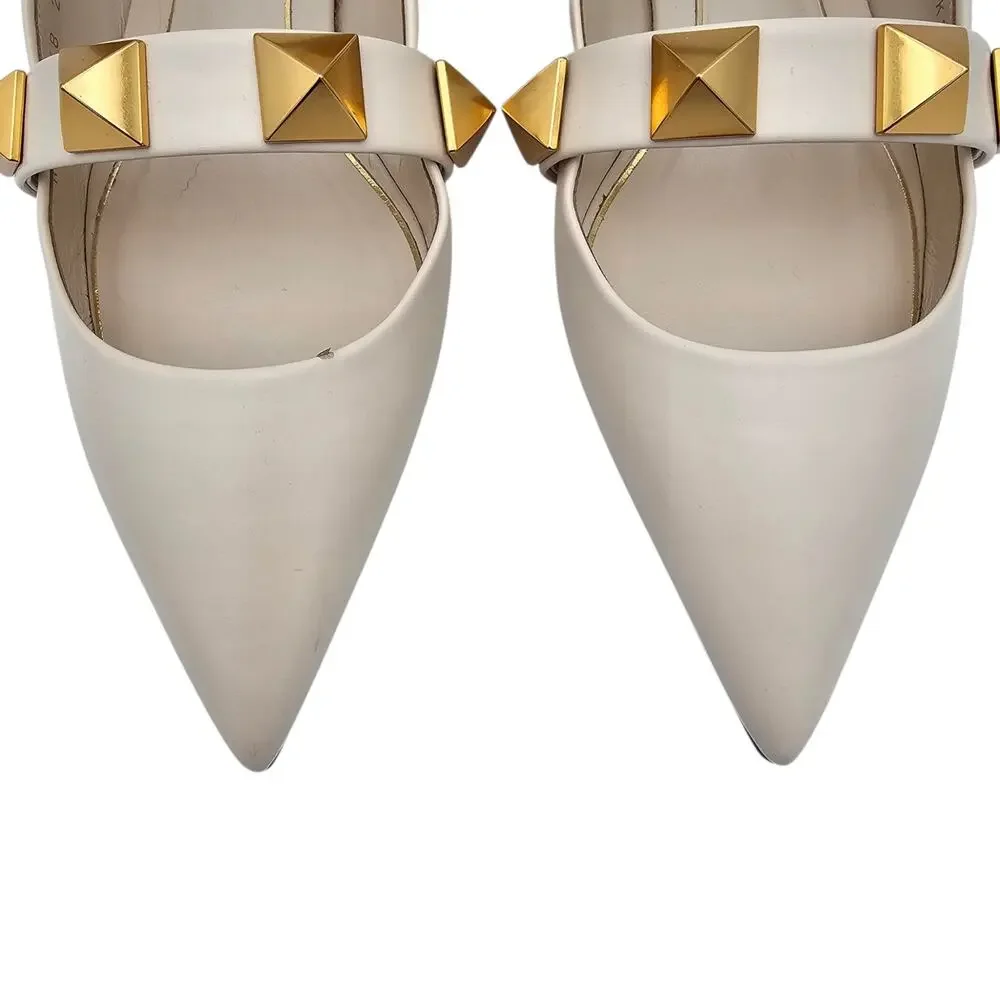Valentino Garavani Roman Stud Flat Cage Mule Slide White Leather Gold Size 39 9